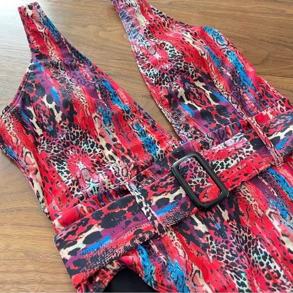 MatteSwim Deep V Plunge Belted Colorful 1pc Swimsuit - Picture 5 of 5